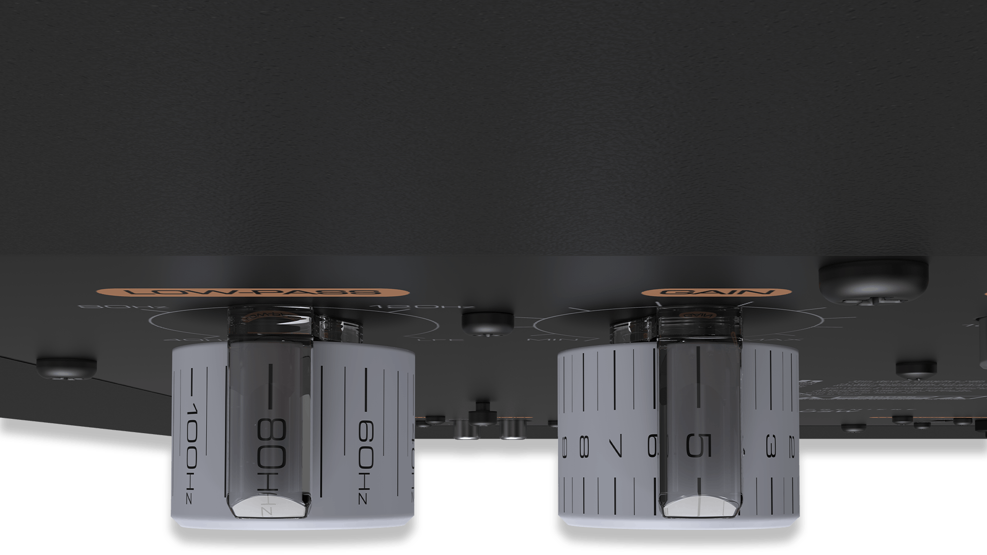 Top down view of knobs on the amplifier of an RP 1000 SW